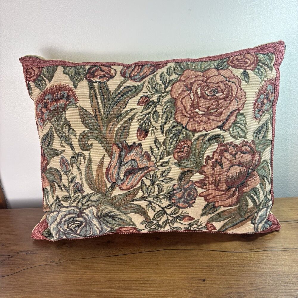 VTG Renaissance Woven Art Tapestry Throw Pillow Floral Rose Velvet Back New York